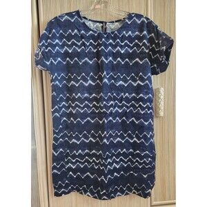 Old Navy Women's Petite Medium Dress Blue & White Short Sleeve Linen Pullover